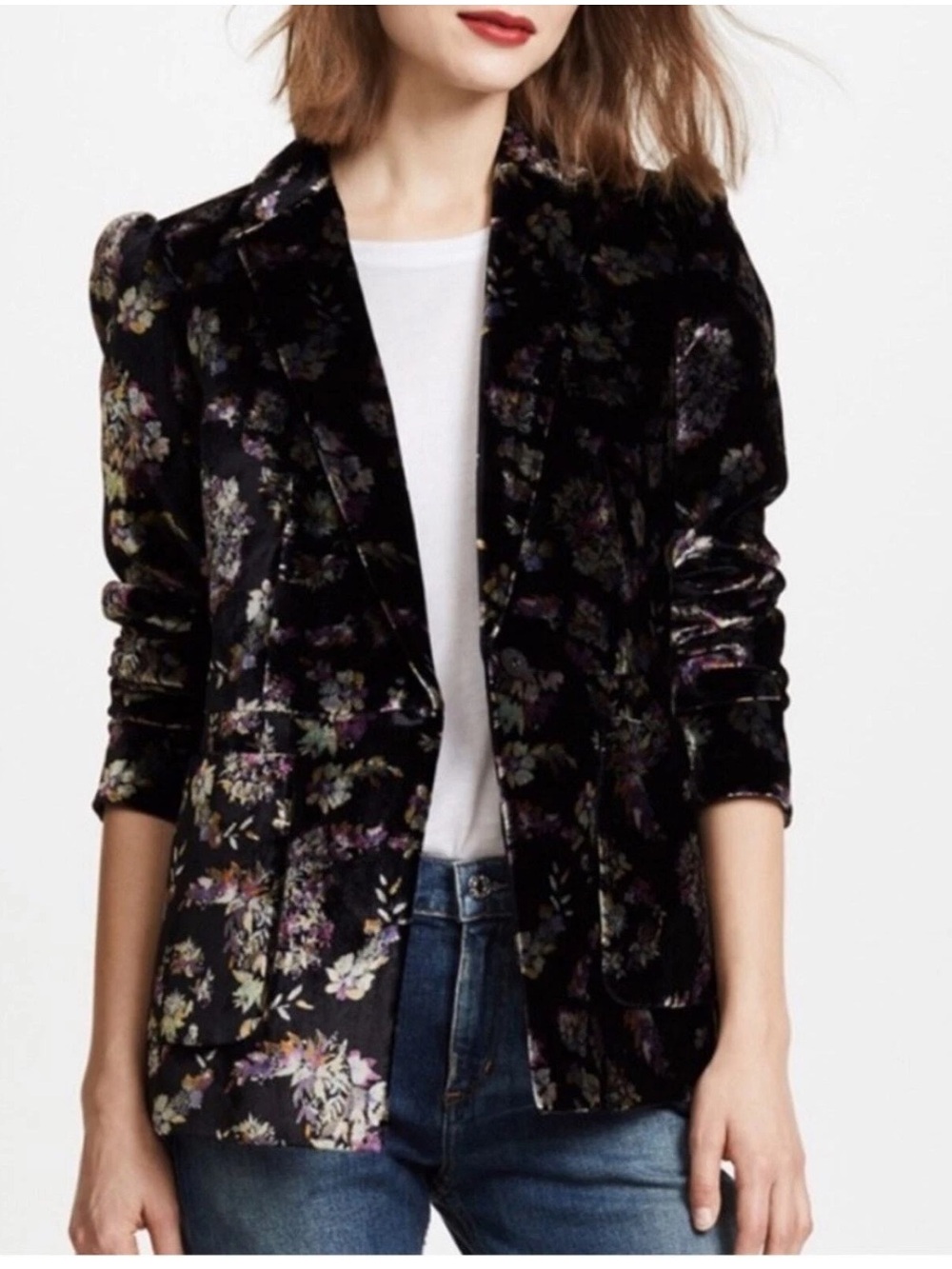 Rebecca Taylor Jewel Floral Print Silk Blend Velvet Blazer Women’s Size Zero (0)